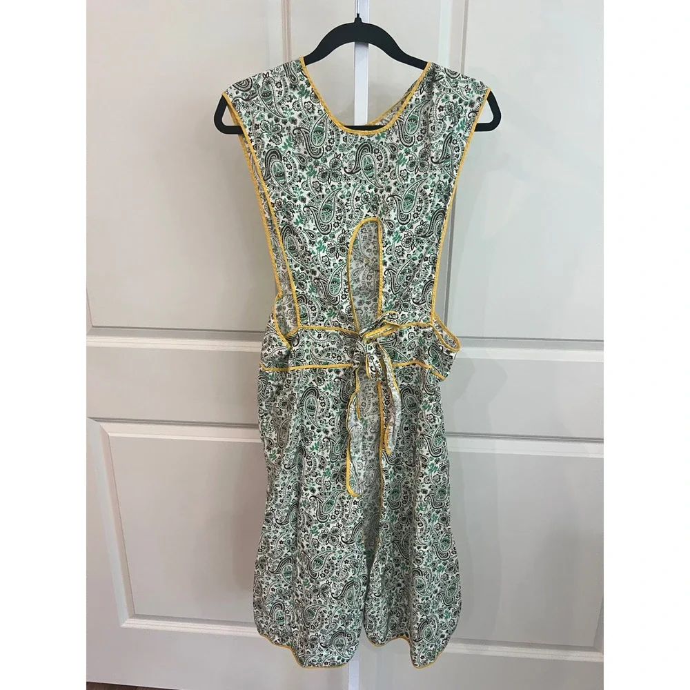Vintage Handmade Paisley Pinafore Apron Green Yellow Piping Cottagecore Smock